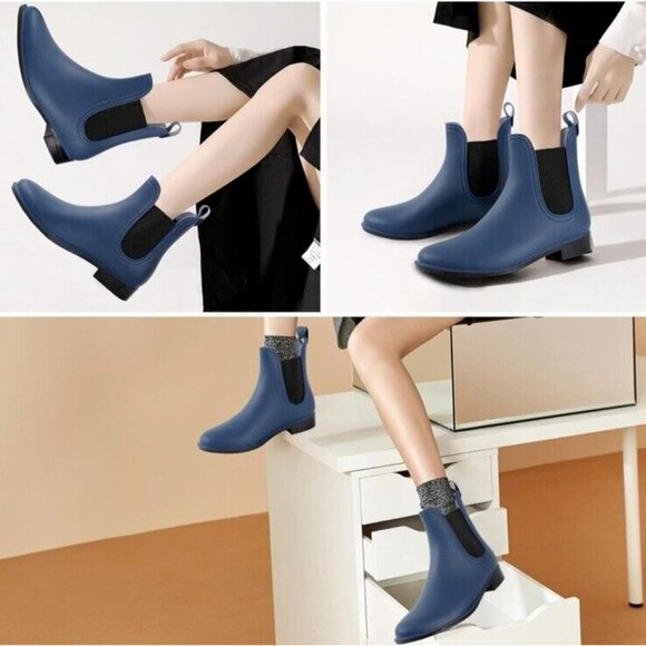 Women's Navy Blue Chelsea Boots Girl Matte Fall Ankle Rain Boots Waterproof, New - Picture 4 of 7